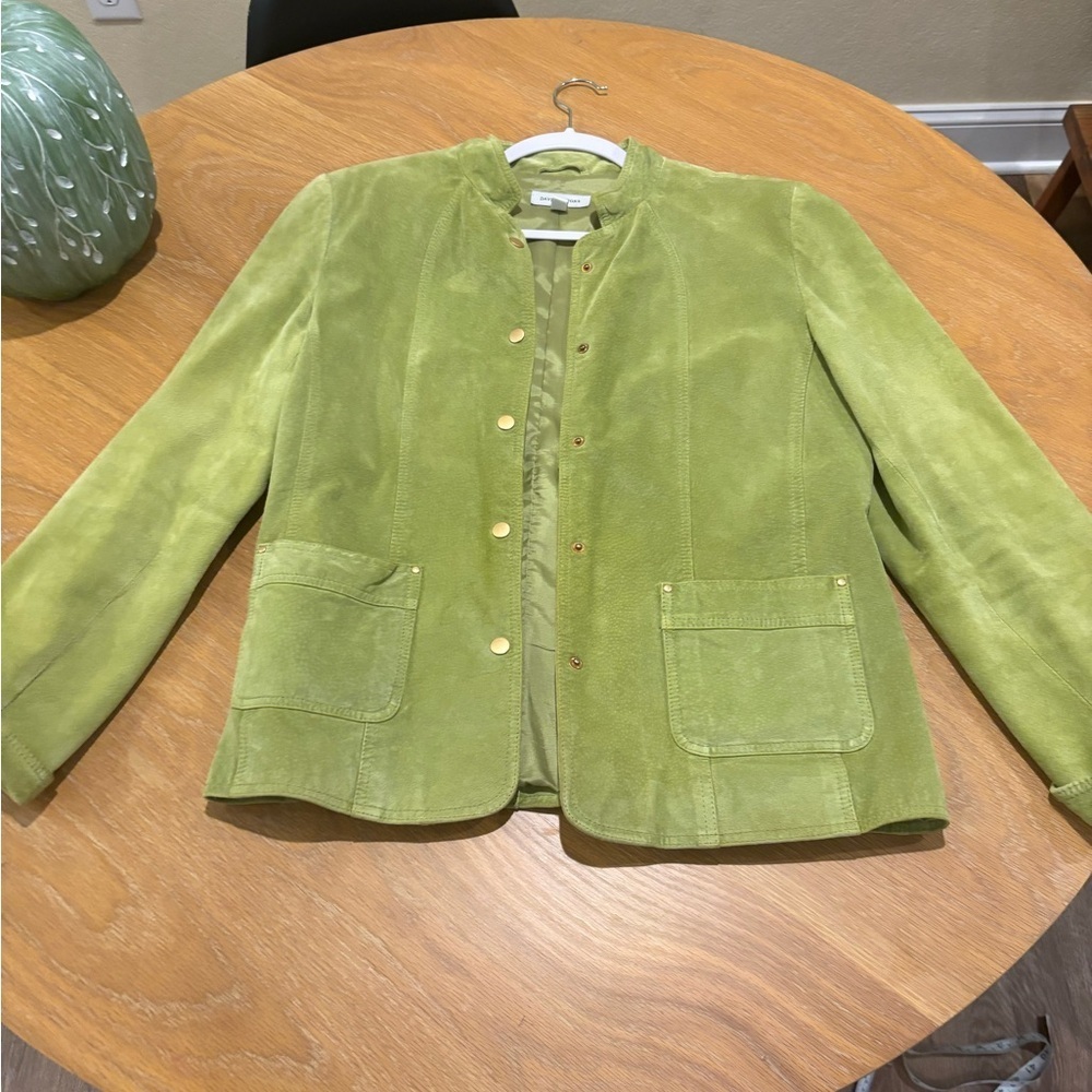 DAVID BROOKS LG AVOCADO GREEN SUEDE SHORT JACKET GOLD SNAPS ROLL UP CUFFS LINED - Picture 10 of 15